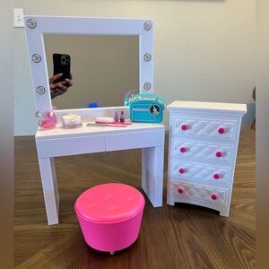 Kids Vanity Set with Pink Stool and White Dresser